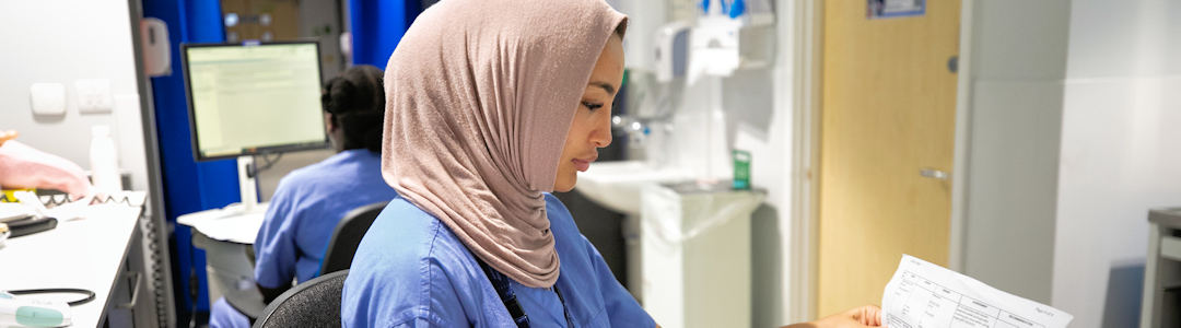 Midwife checking notes